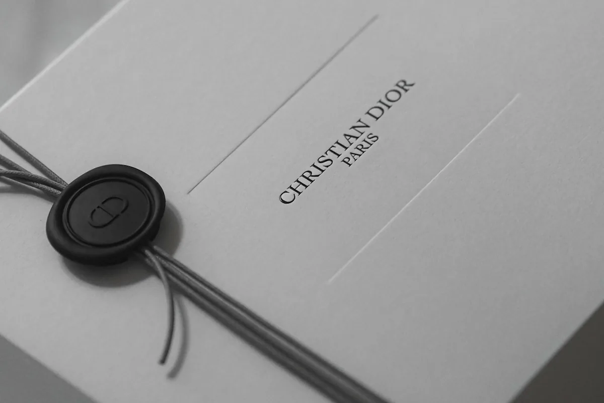 White Dior gift box tied with ribbon and wax seal — perfume gift editorial