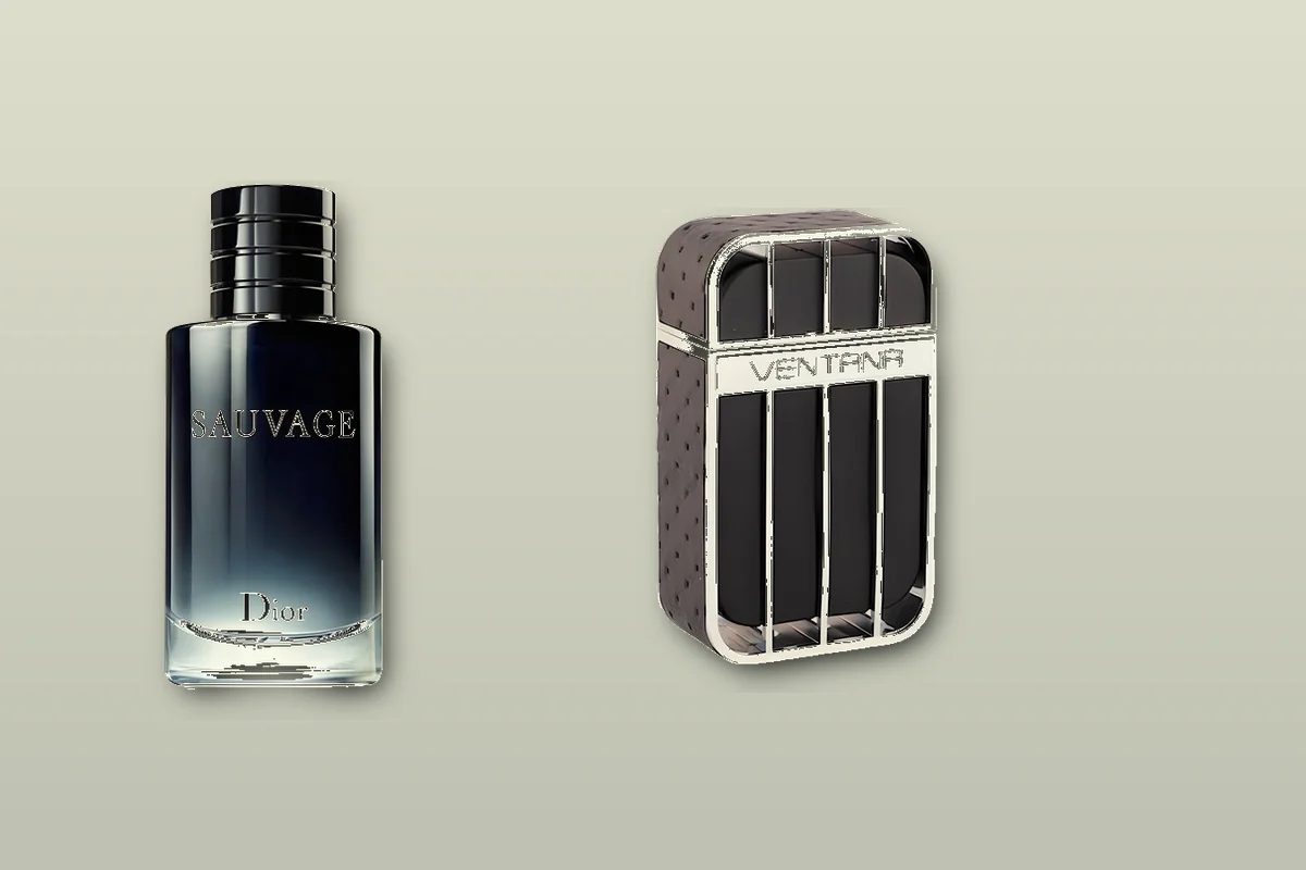 Dior Sauvage-style blue bottle beside a generic fresh spicy inspired-by bottle on slate, dupe comparison still life